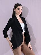 Black Cotton Blend Snap Blazer For Women