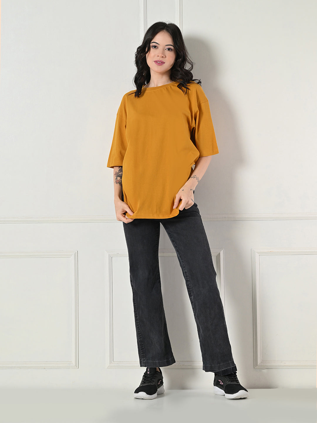 Women's Oversized Drop Shoulder Crop T-Shirt – 100% Cotton, Round Neck Half Sleeves Solid Top for Casual