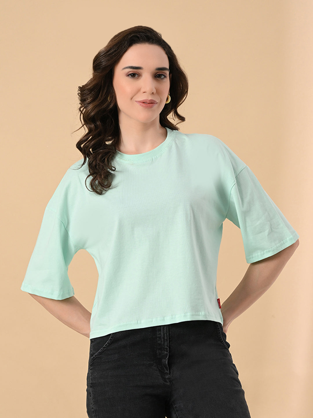 Oversized Crop T-Shirt for Women – Pure Cotton, Drop Shoulder, Solid Casual Top