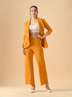 Women's Solid Relaxed Fit 3/4 Sleeve Co-ord Blazer and Trouser Set Mustred