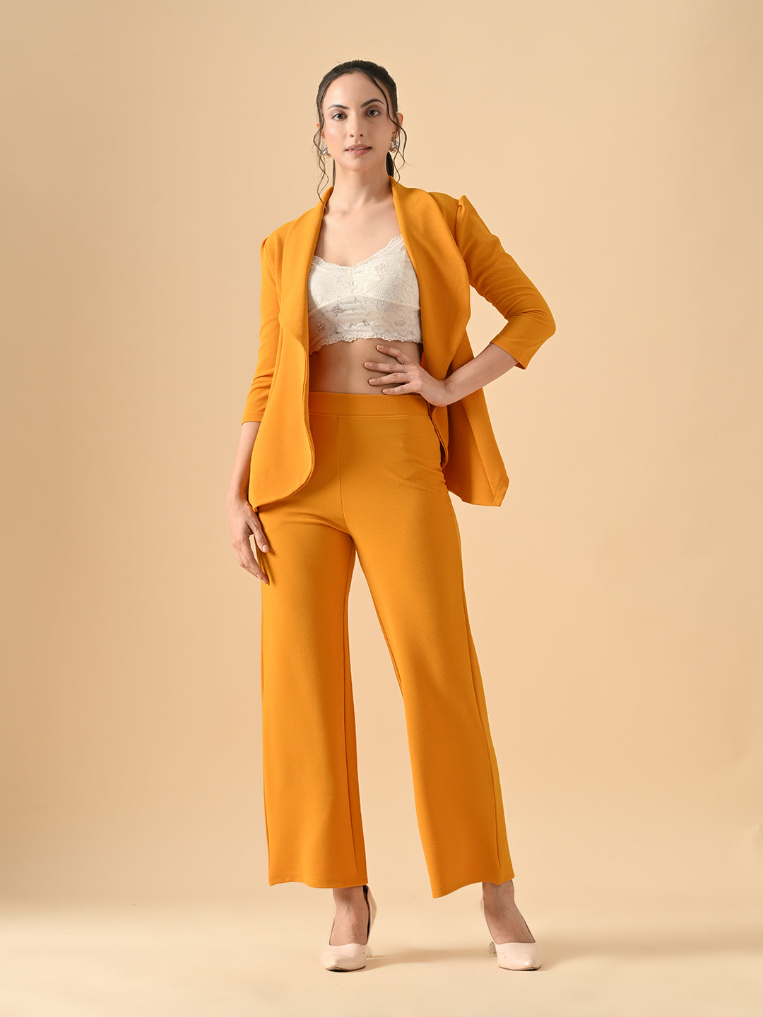 Women's Solid Relaxed Fit 3/4 Sleeve Co-ord Blazer and Trouser Set Mustred