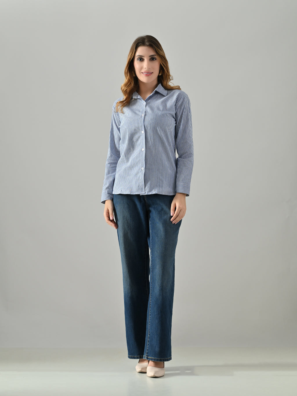 OWL MINK Women’s Blue Cotton Striped Shirt | Regular Fit, Full Sleeve