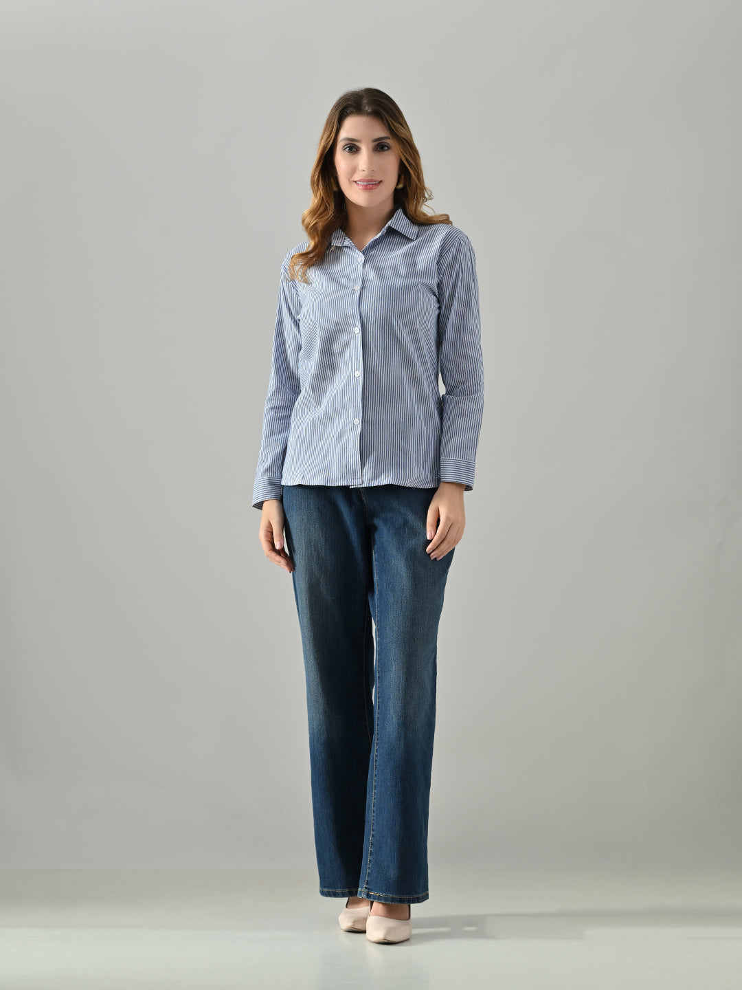 OWL MINK Women’s Blue Cotton Striped Shirt | Regular Fit, Full Sleeve