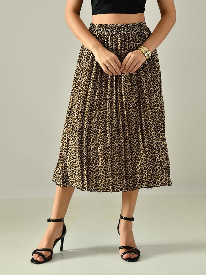 Women’s Printed Calf-Length Pleated Skirt – Rayon Crepe, Relaxed Fit, Casual, Party & Beach Wear