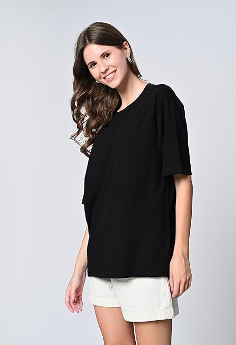 Oversized Drop Shoulder Solid 100% Cotton T-Shirt for Women