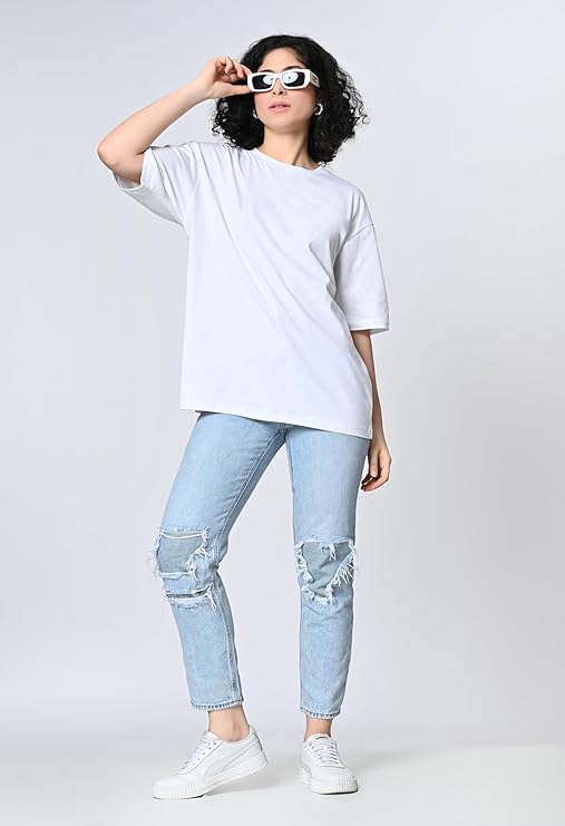 Women’s Oversized Fit 100% Cotton T-Shirt with Drop Shoulder & Half Sleeves