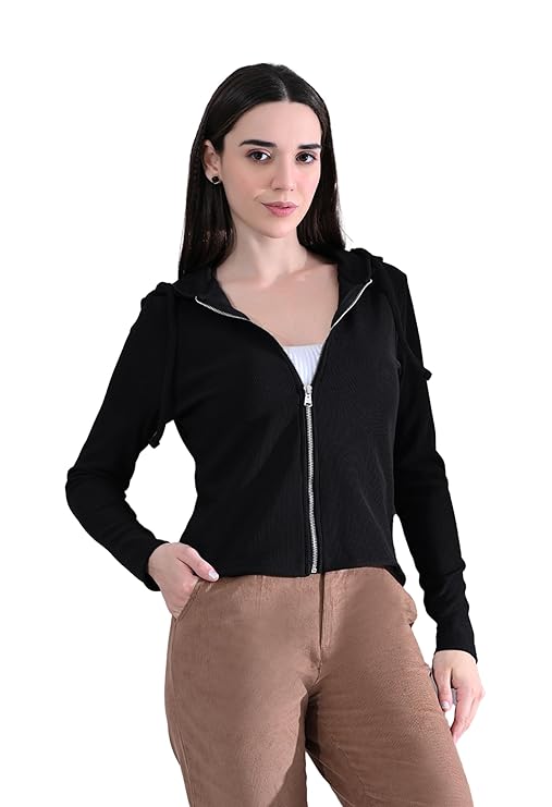 Cotton Full Sleeve Hoddie Women Solid Black Hoodie Jacket
