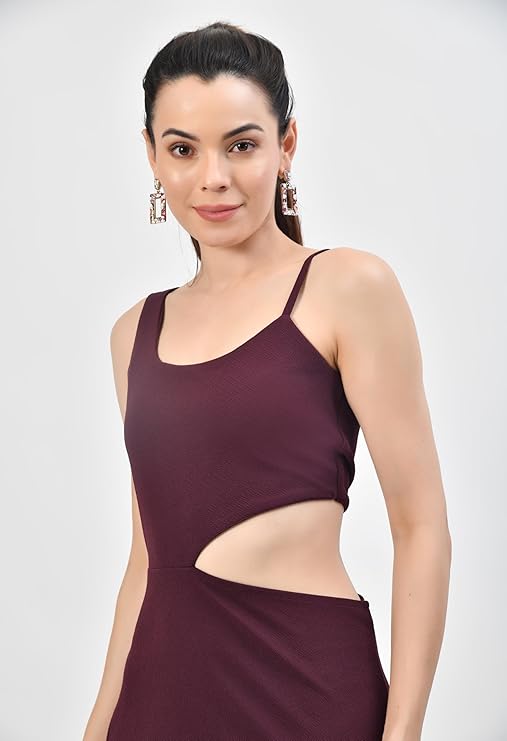 Maroon Sleeveless Round Neck Cut-Out Bodycon Mini Dress for Women