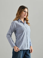 OWL MINK Women’s Blue Cotton Striped Shirt | Regular Fit, Full Sleeve