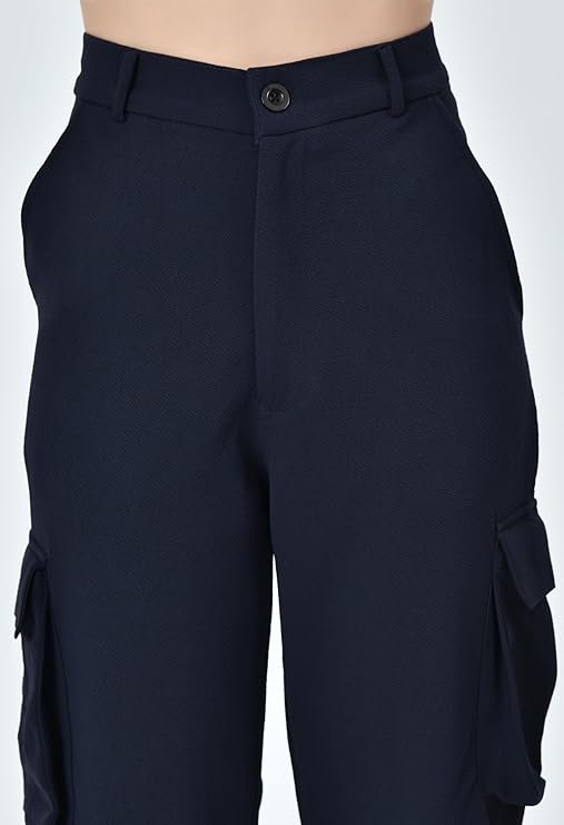 High Rise Women’s Baggy Cargo Jeans – Stretchable Fabric with 4 Utility Pockets