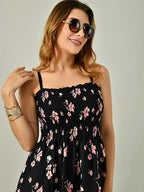 OWL MINK Women’s Flared Calf-Length Dress | Sleeveless Rayon Crepe Black