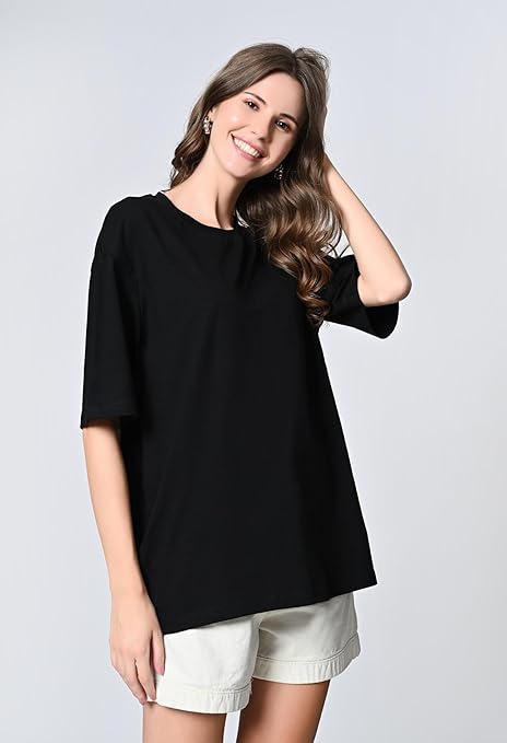 Oversized Drop Shoulder Solid 100% Cotton T-Shirt for Women