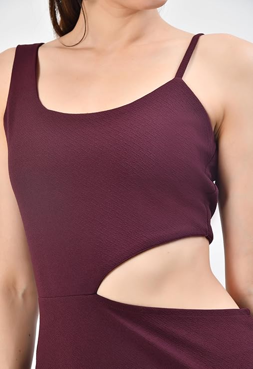 Maroon Sleeveless Round Neck Cut-Out Bodycon Mini Dress for Women
