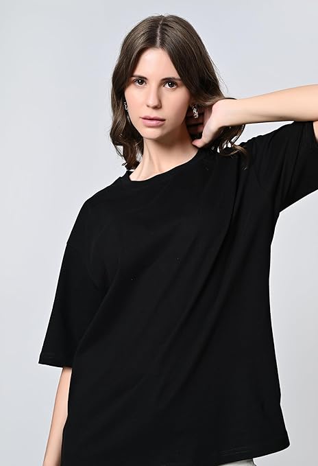 Oversized Drop Shoulder Solid 100% Cotton T-Shirt for Women