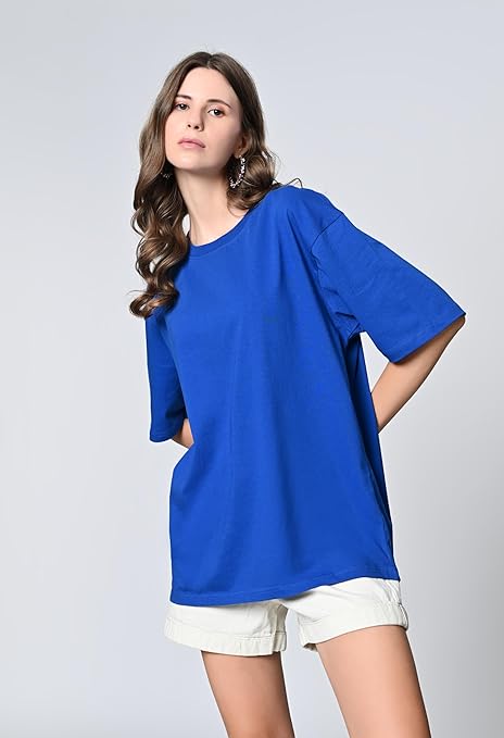 Oversized Fit Drop Shoulder Solid 100% Cotton Round Neck T-Shirt for Women