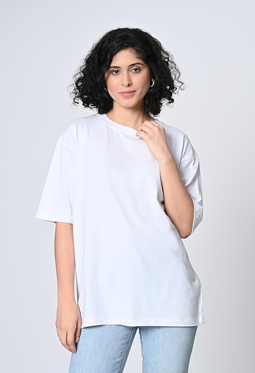 Women’s Oversized Fit 100% Cotton T-Shirt with Drop Shoulder & Half Sleeves