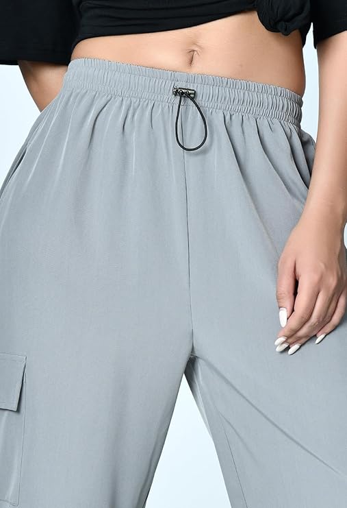 Loose Fit High-Waist Pleated Cargo Pants for Women – Poplin Lycra Fabric