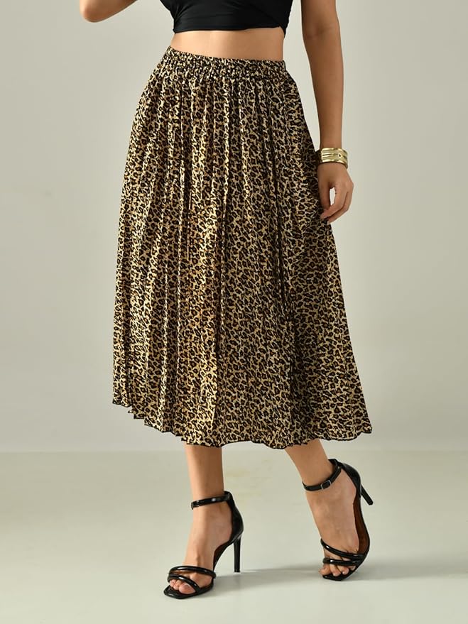 Women’s Printed Calf-Length Pleated Skirt – Rayon Crepe, Relaxed Fit, Casual, Party & Beach Wear