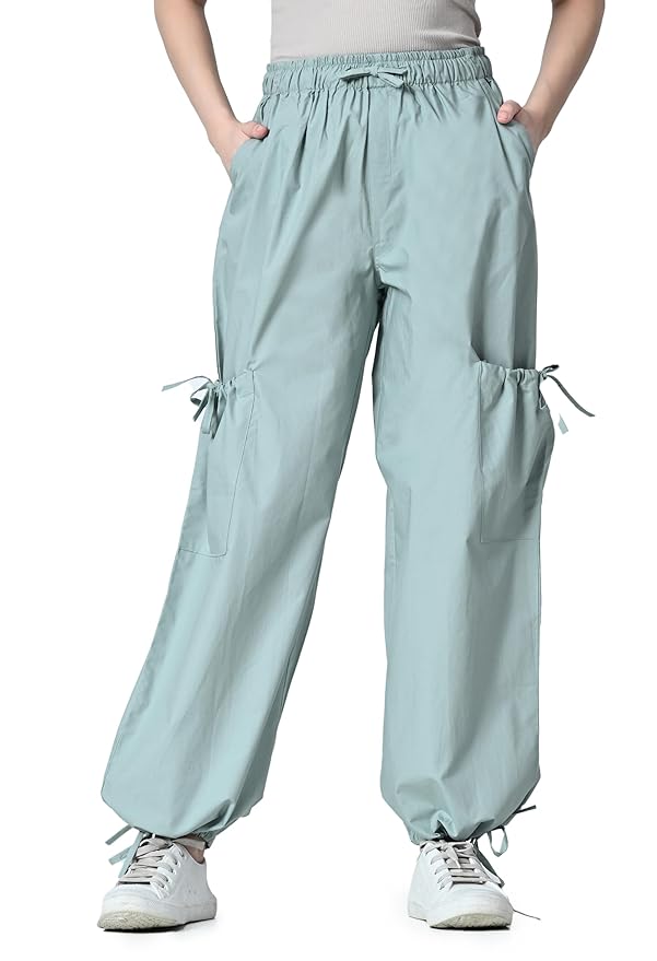 Solid Oversized Baggy Parashoot Pants for Women | High Waist Loose fit Korean Trousers/Cargo Pants with Side Pocket | Women Baggy Jeans for Casual & Travel wear for Women Comfort