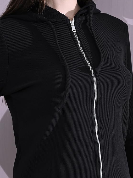 Cotton Full Sleeve Hoddie Women Solid Black Hoodie Jacket