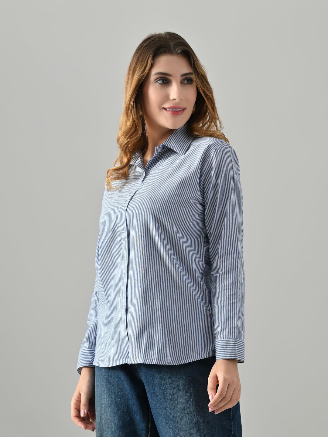 OWL MINK Women’s Blue Cotton Striped Shirt | Regular Fit, Full Sleeve