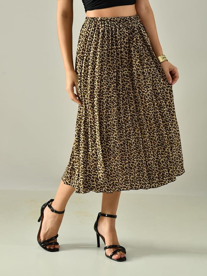 Women’s Printed Calf-Length Pleated Skirt – Rayon Crepe, Relaxed Fit, Casual, Party & Beach Wear