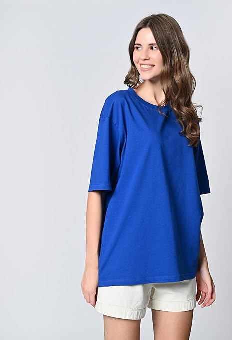 Oversized Fit Drop Shoulder Solid 100% Cotton Round Neck T-Shirt for Women