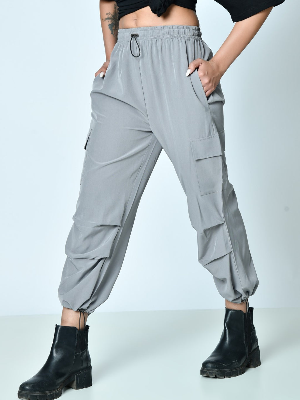 Loose Fit High-Waist Pleated Cargo Pants for Women – Poplin Lycra Fabric