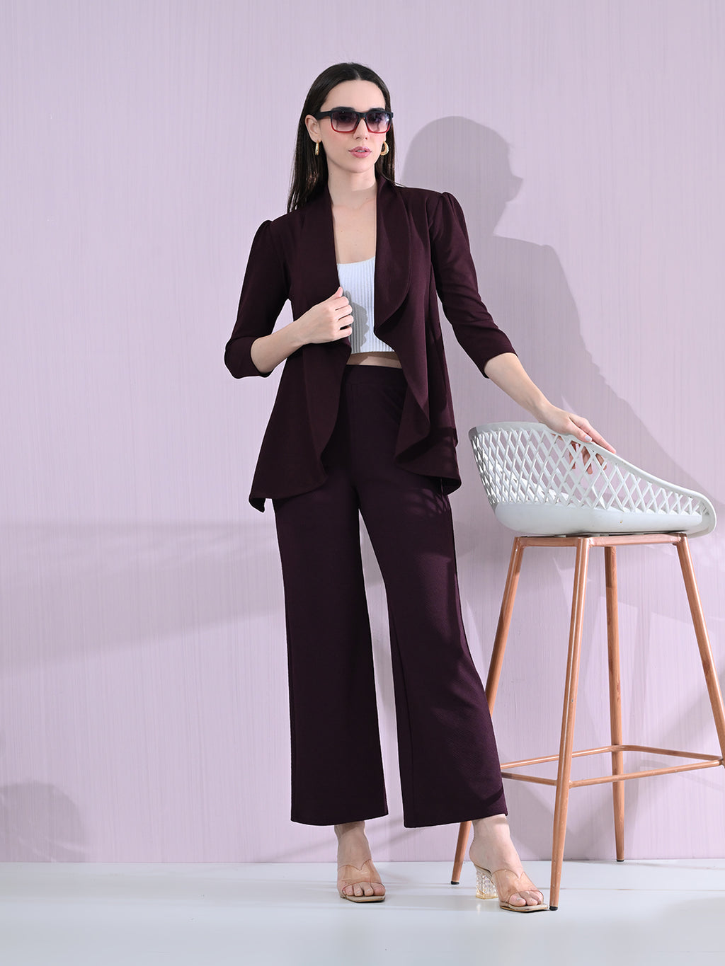 Women's Solid Relaxed Fit 3/4 Sleeve Co-ord Blazer and Trouser Set Wine