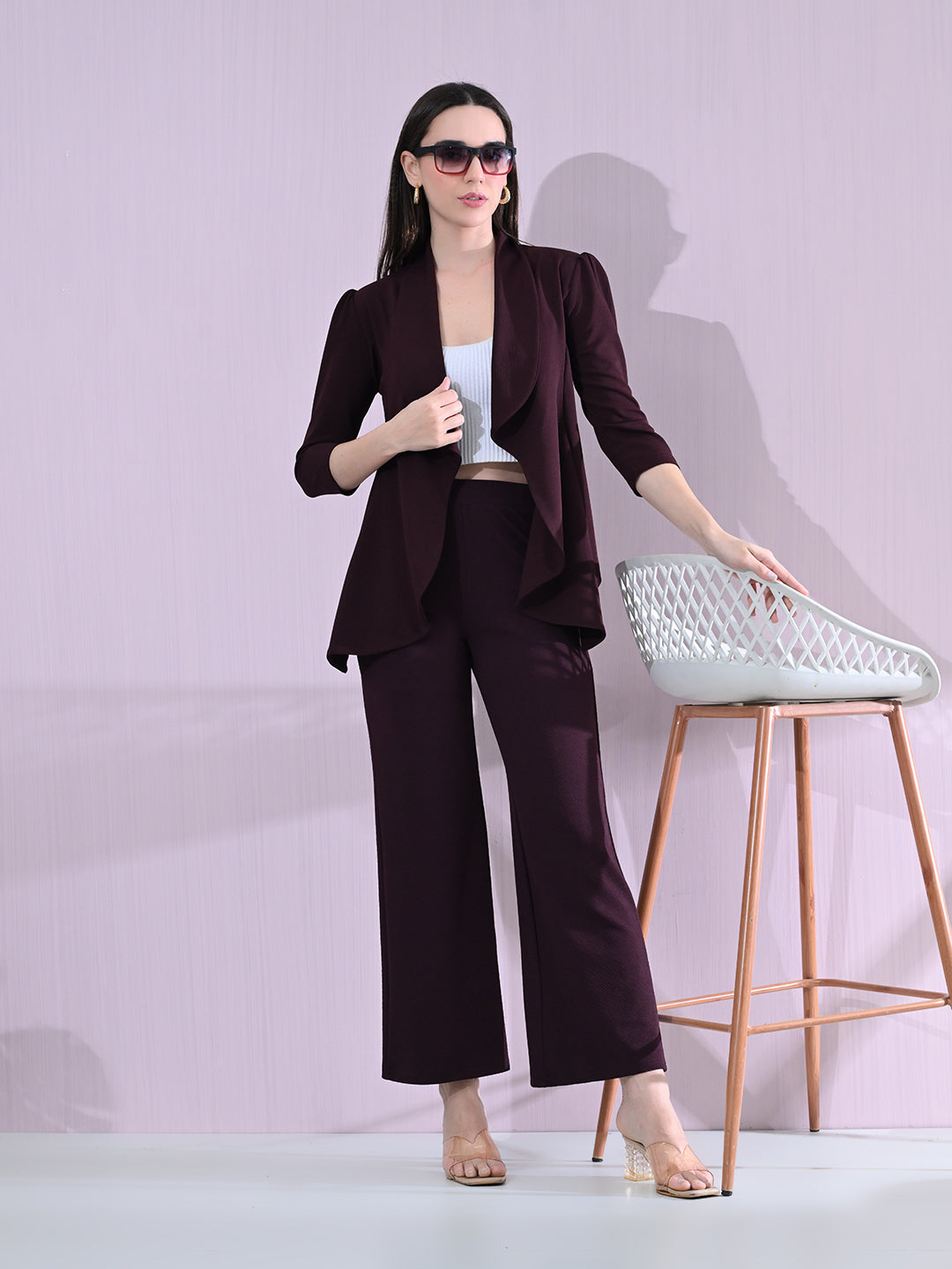 Women's Solid Relaxed Fit 3/4 Sleeve Co-ord Blazer and Trouser Set Wine