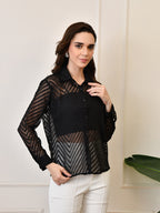 Women’s Chiffon Shirt – Full Sleeve, Collared, Regular Fit, Solid Self-Design Zig Zag Texture Shirts