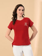 Women’s High-Low Hem T-Shirt – Cotton Lycra, Crystal Print, Short Sleeves, Casual Wear