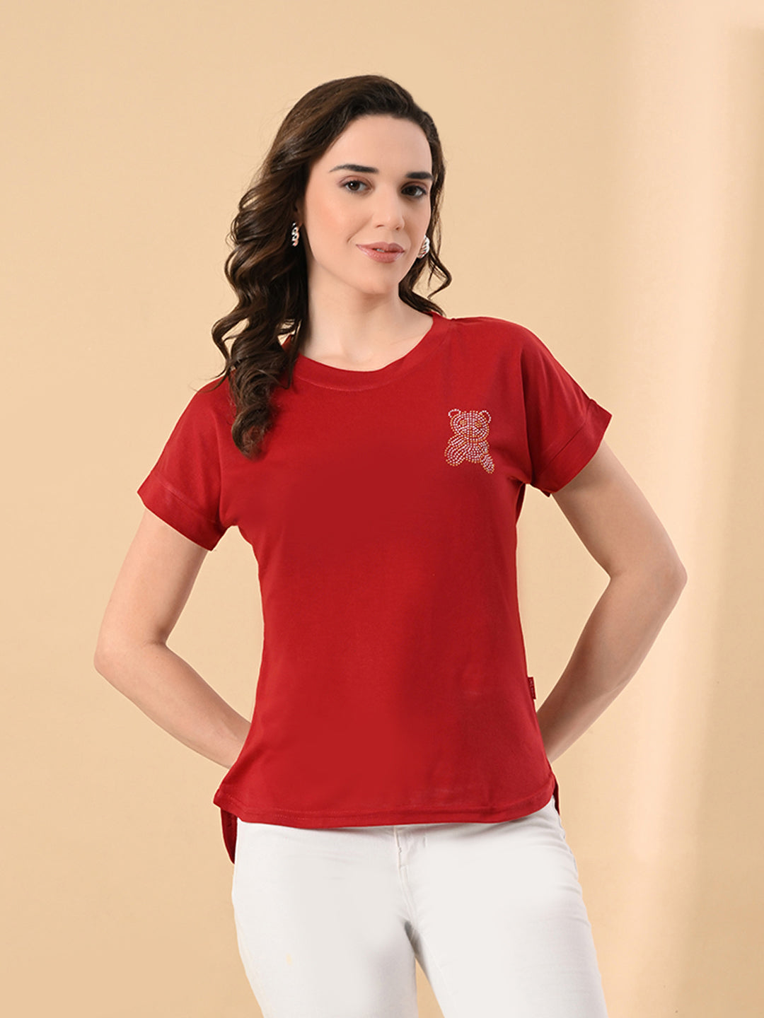 Women’s High-Low Hem T-Shirt – Cotton Lycra, Crystal Print, Short Sleeves, Casual Wear