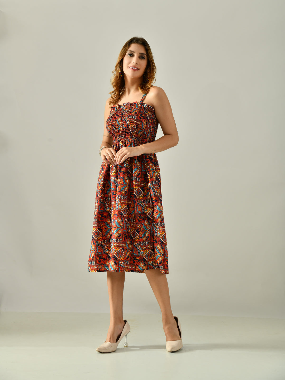 OWL MINK Women’s Flared Calf-Length Dress | Sleeveless Rayon Crepe