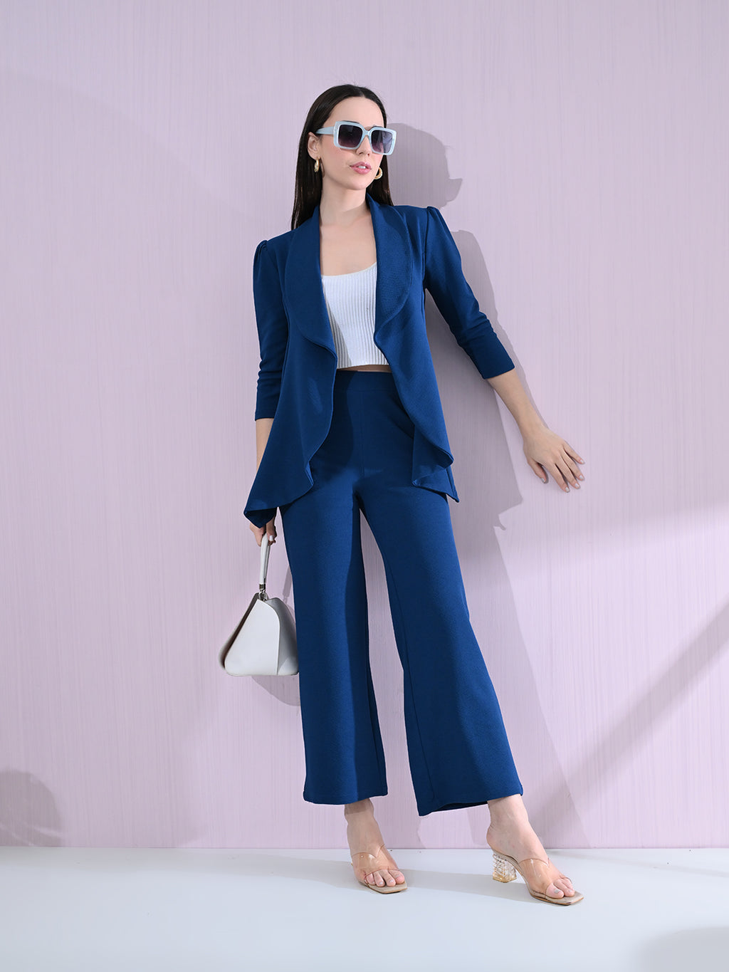 Women's Solid Relaxed Fit 3/4 Sleeve Co-ord Blazer and Trouser Set Blue