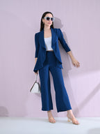 Women's Solid Relaxed Fit 3/4 Sleeve Co-ord Blazer and Trouser Set Blue