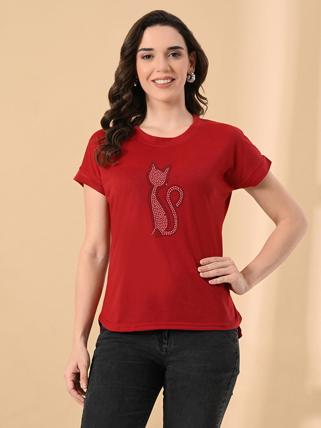 Women’s High-Low T-Shirt with Crystal Cat Print