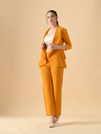 Women's Solid Relaxed Fit 3/4 Sleeve Co-ord Blazer and Trouser Set Mustred