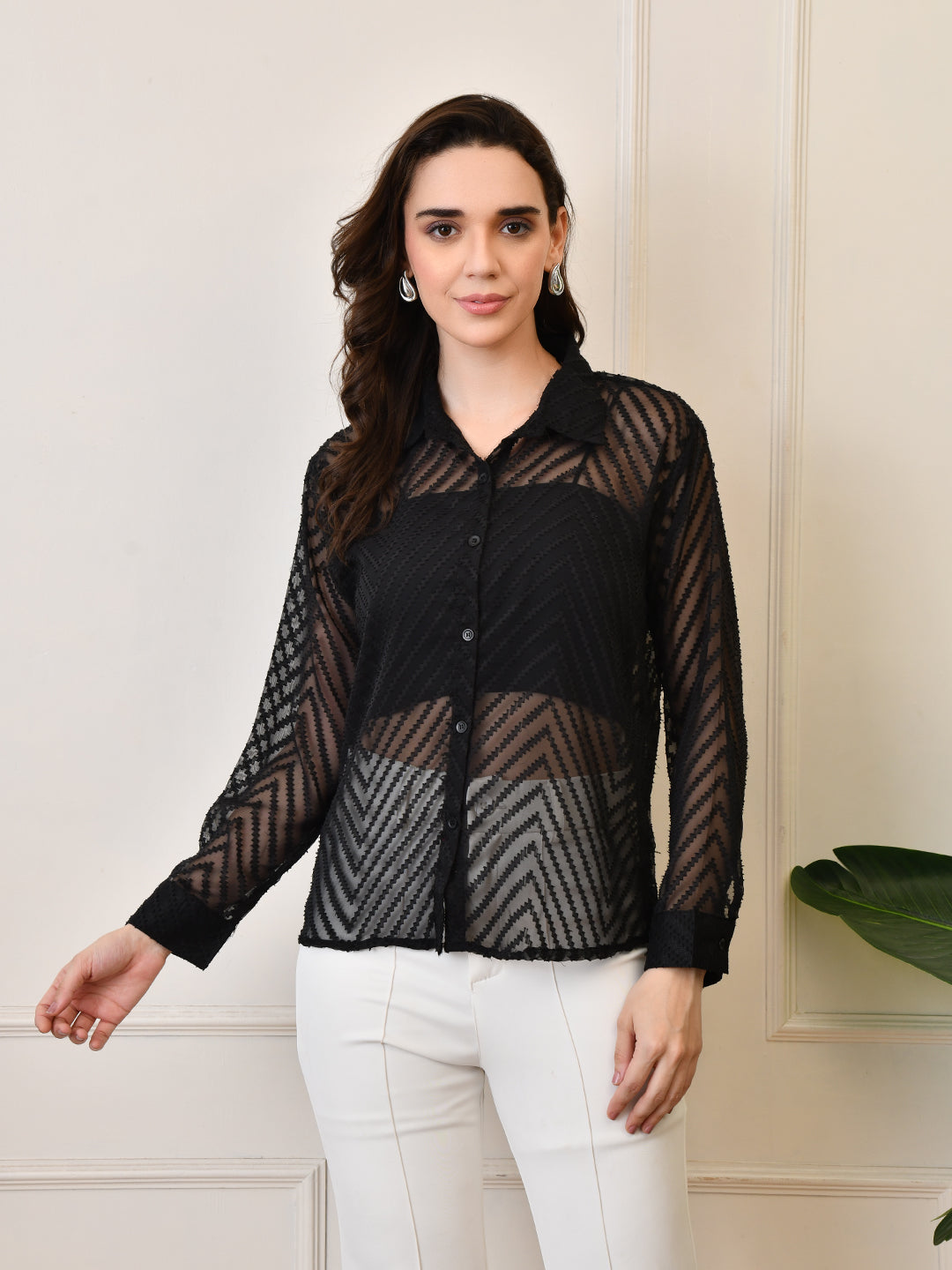 Women’s Chiffon Shirt – Full Sleeve, Collared, Regular Fit, Solid Self-Design Zig Zag Texture Shirts