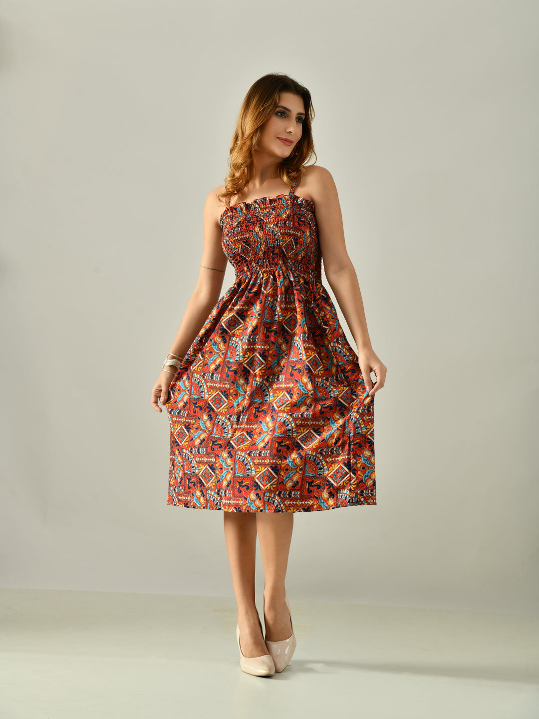OWL MINK Women’s Flared Calf-Length Dress | Sleeveless Rayon Crepe