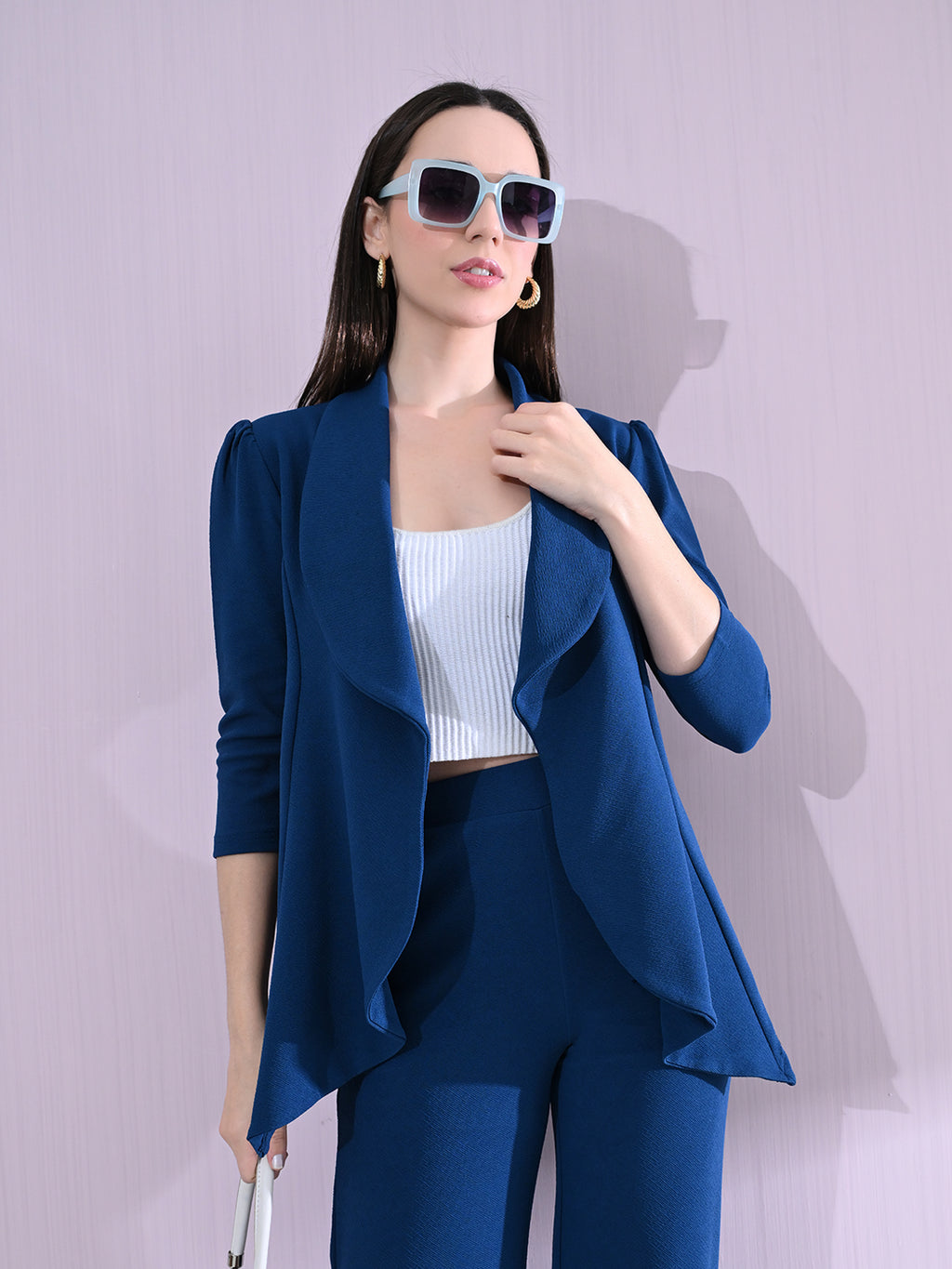 Women's Solid Relaxed Fit 3/4 Sleeve Co-ord Blazer and Trouser Set Blue