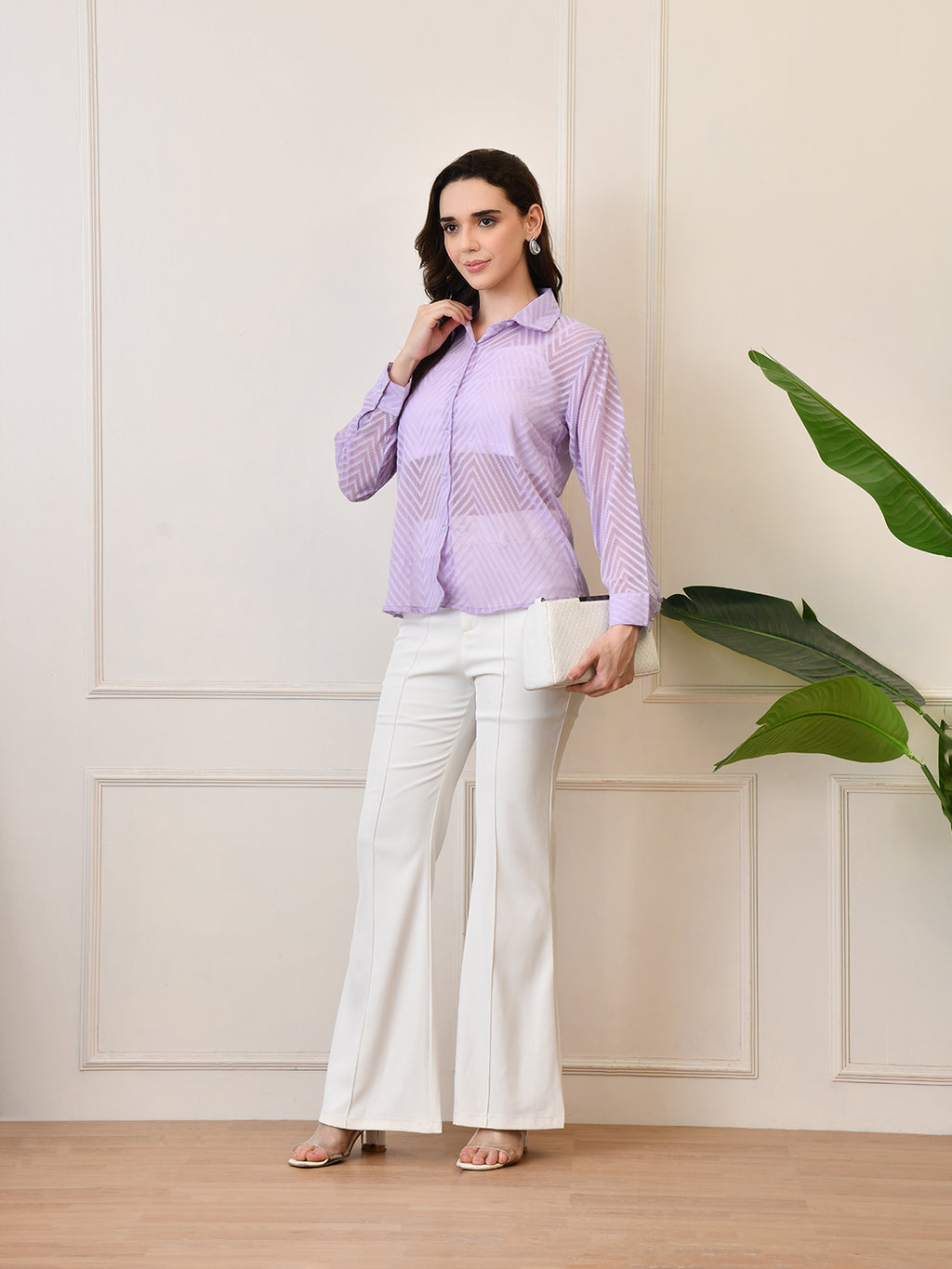 Women’s Chiffon Shirt – Full Sleeve, Collared, Regular Fit, Solid Self-Design Zig Zag Texture Shirts Lavender