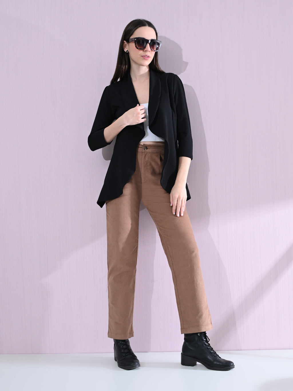 Black Cotton Blend Snap Blazer For Women