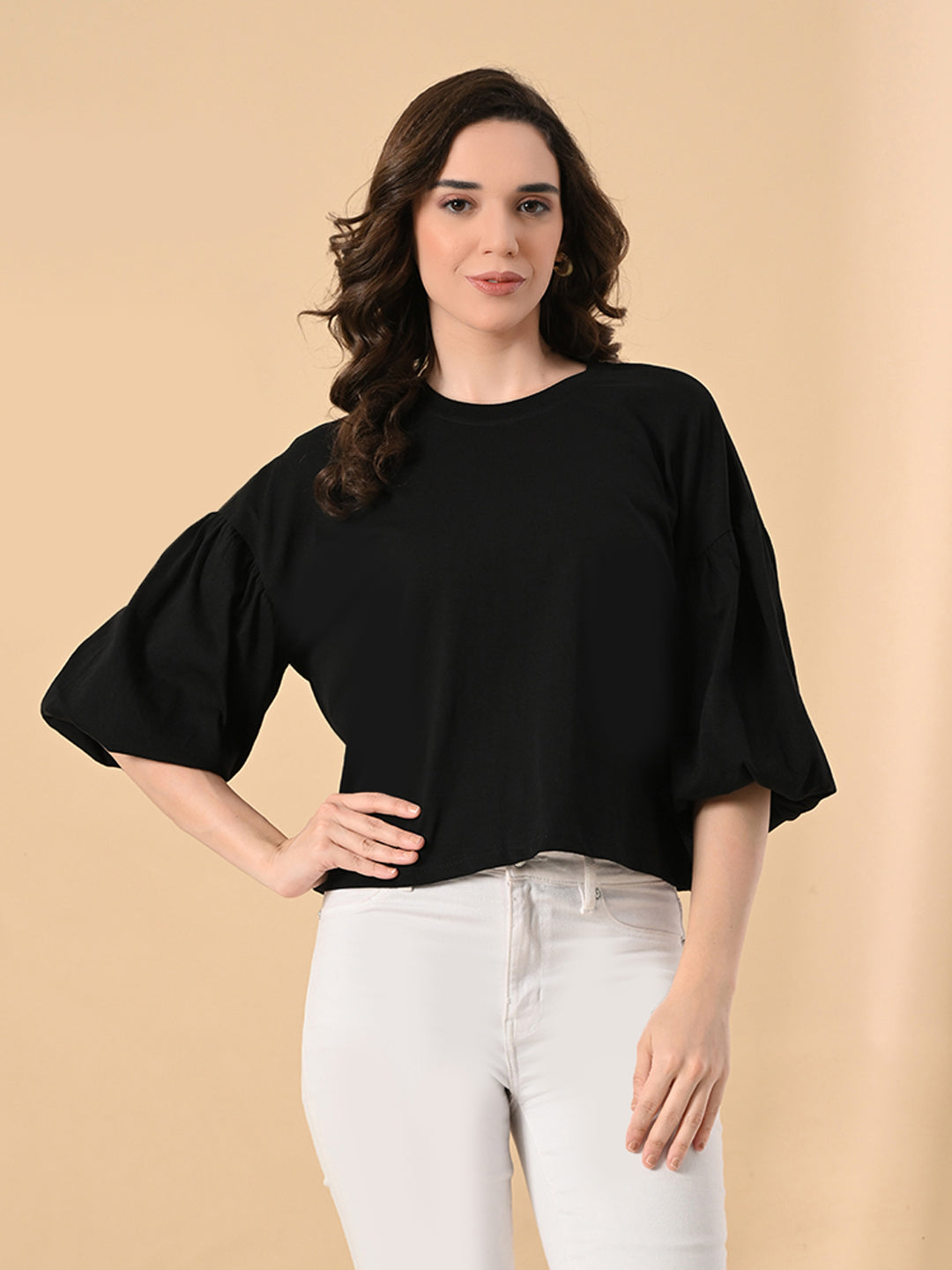 Oversized Cotton Crop T-Shirt for Women – Balloon Sleeves