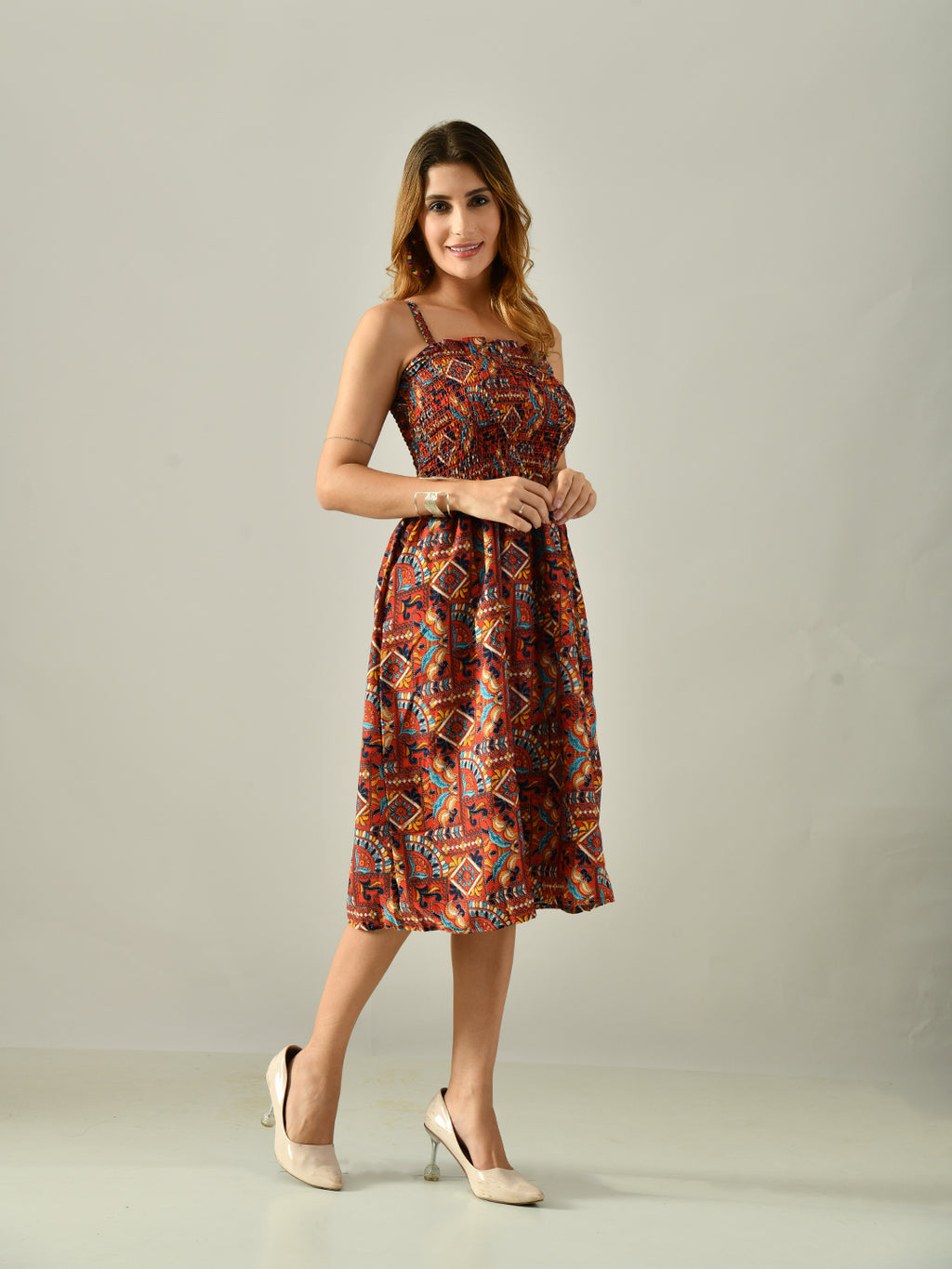 OWL MINK Women’s Flared Calf-Length Dress | Sleeveless Rayon Crepe