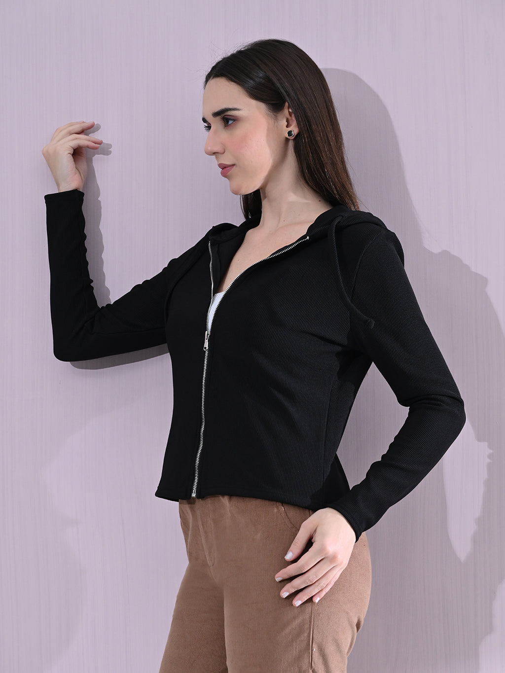 Cotton Full Sleeve Hoddie Women Solid Black Hoodie Jacket