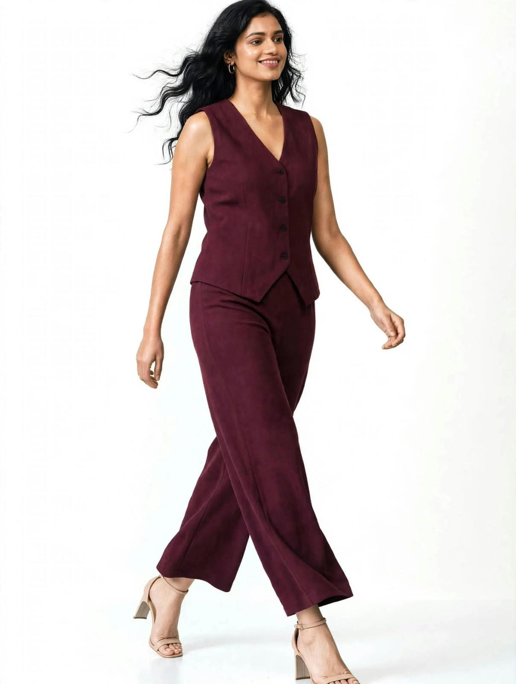 Women's Solid Sleeveless V-Neck Longline Waistcoat Co-Ord Set| Regular Fit Lycra Blend Knitted Waistcoat and Wide Leg Trouser for Casual, Office Wear & Semi-Formal Occasions
