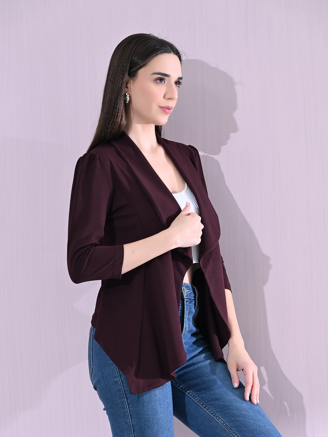 Women's Single Breasted Red Wine Relaxed Fit Shawl Collar 3/4 Sleeve Blazer