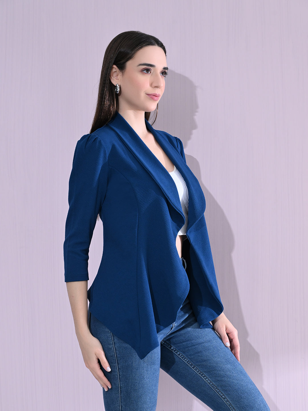 Women's Single Breasted Sky Blue Relaxed Fit Shawl Collar 3/4 Sleeve Blazer