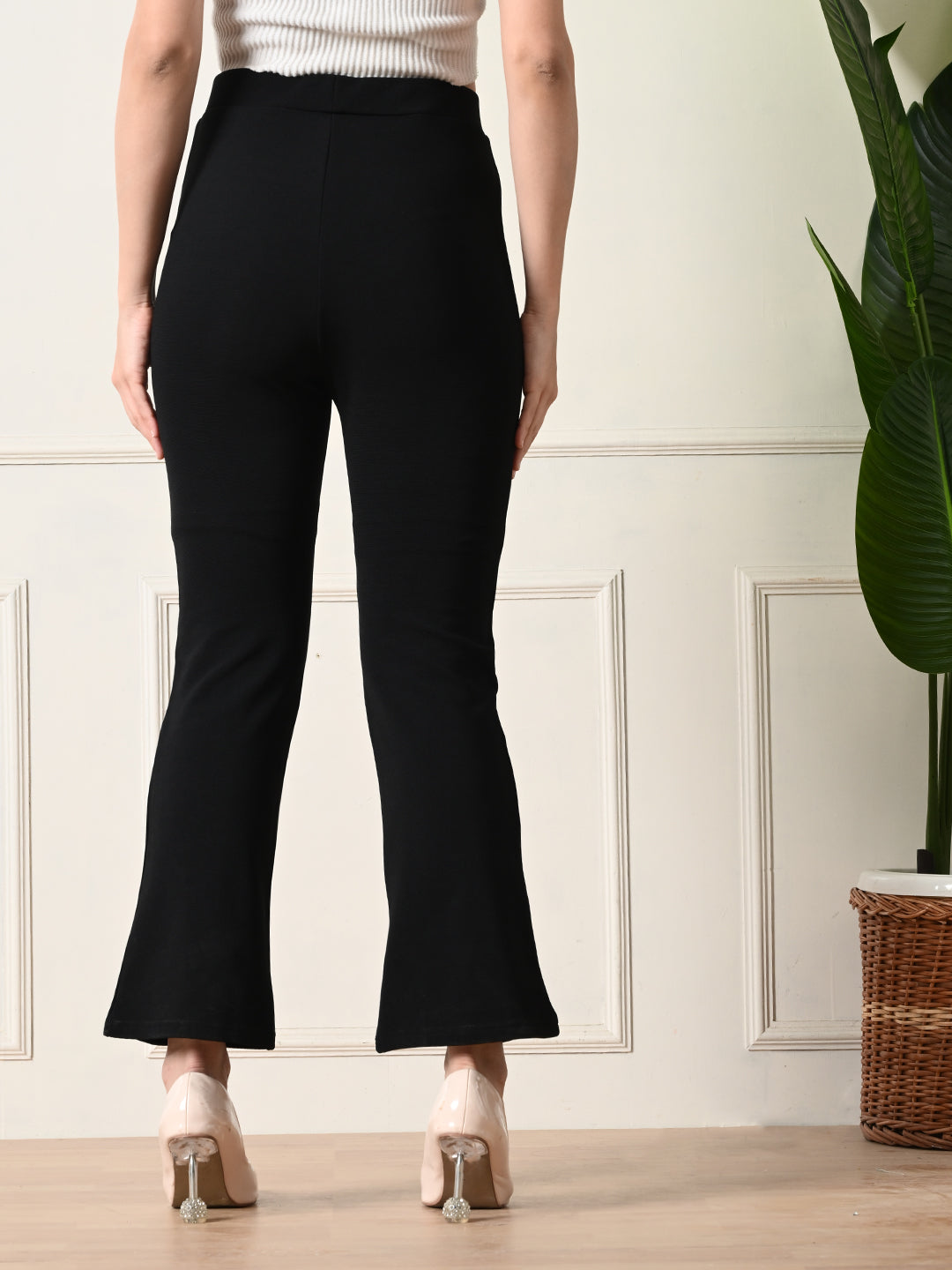 OWL MINK Women's Slim Fit Flared Casual Black Trousers